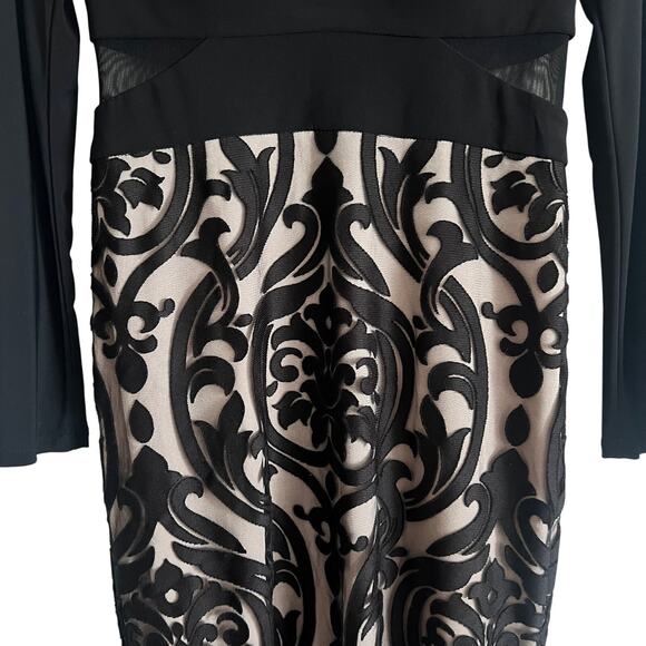 XSCAPE Black Lace Long Sleeve Formal Gown 8 Maxi Dress Sheer Waist Homecoming - Picture 4 of 8